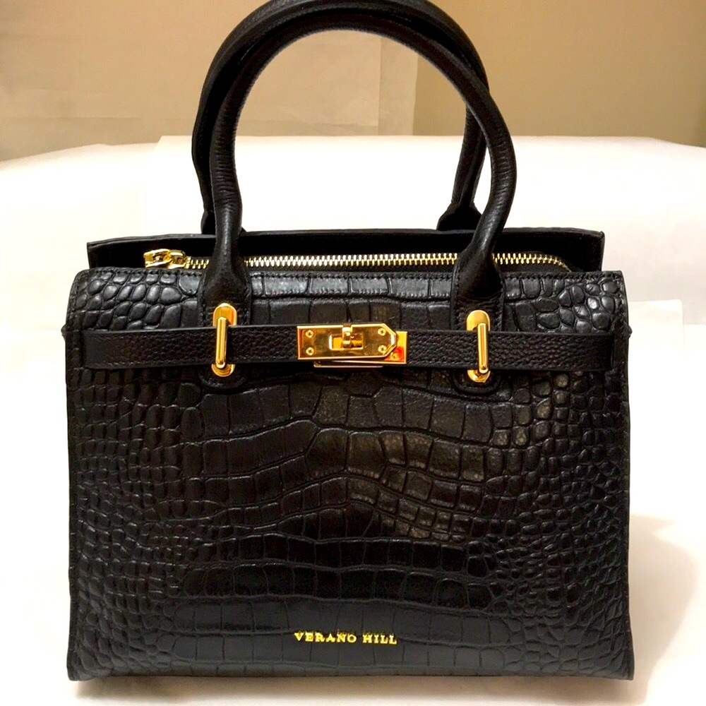 Marseille Black Crocodile-Embossed Leather Handbag with Dustbag  NWT